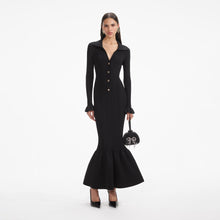 Load image into Gallery viewer, Black Ribbed Knit Fluted Midi Dress