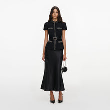 Load image into Gallery viewer, Black Boucle Crystal Trim Satin Midi Dress