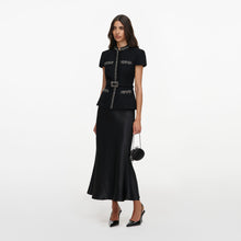 Load image into Gallery viewer, Black Boucle Crystal Trim Satin Midi Dress