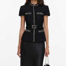 Load image into Gallery viewer, Black Boucle Crystal Trim Satin Midi Dress