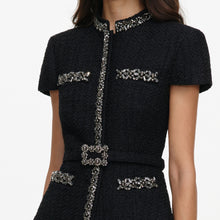 Load image into Gallery viewer, Black Boucle Crystal Trim Satin Midi Dress