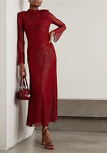 Load image into Gallery viewer, Red Rhinestone Fishnet Midi Dress