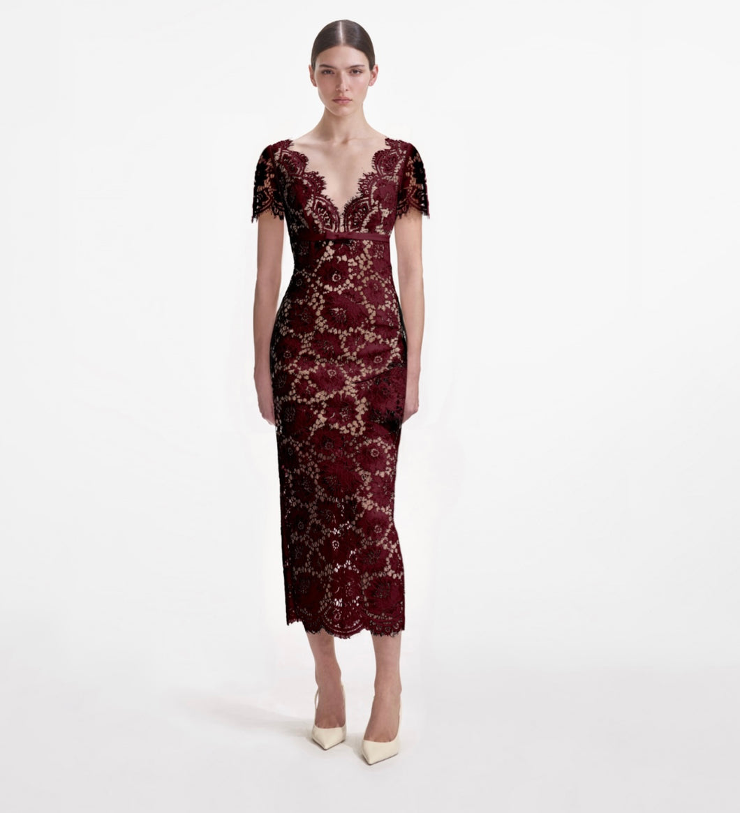 Burgundy Floral Lace Midi Dress