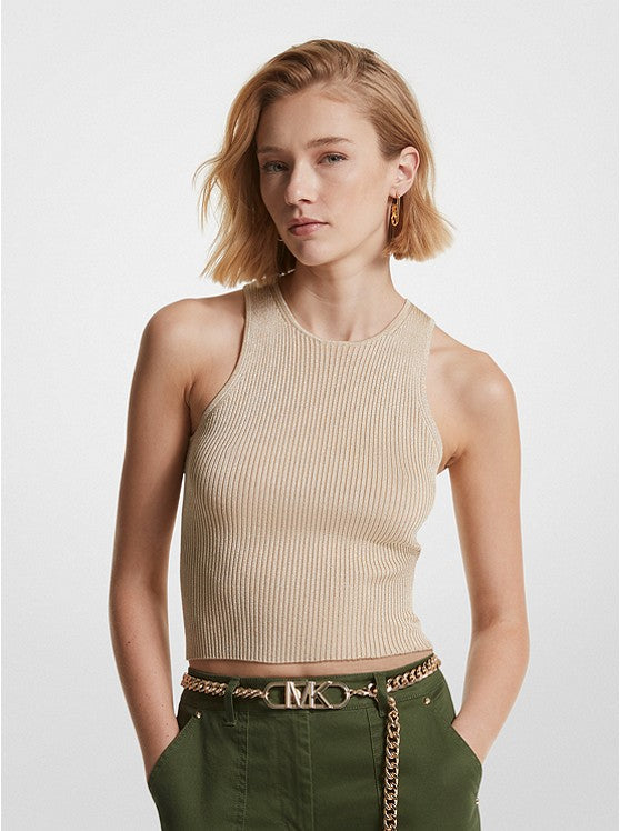 Metallic Ribbed Stretch Knit Cropped Tank Top