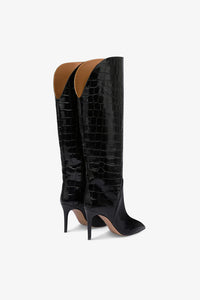 Boots in black croco-embossed leather