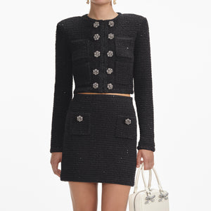 Black Textured Knit Jacket + Mini Skirt