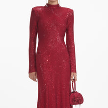 Load image into Gallery viewer, Red Rhinestone Fishnet Midi Dress