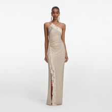 Load image into Gallery viewer, Champagne Rhinestone Lace Trim Maxi Dress