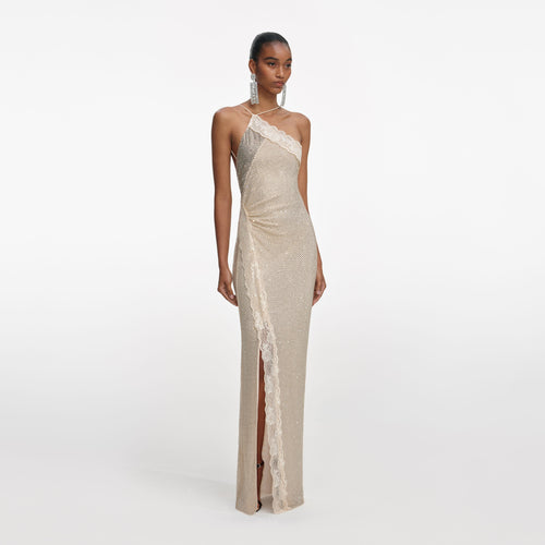 Champagne Rhinestone Lace Trim Maxi Dress