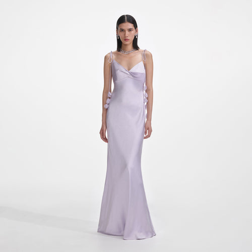 Lilac Flower Satin Maxi Dress