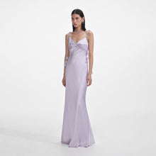 Load image into Gallery viewer, Lilac Flower Satin Maxi Dress