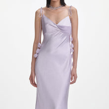 Load image into Gallery viewer, Lilac Flower Satin Maxi Dress