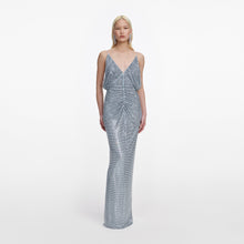 Load image into Gallery viewer, Blue Rhinestone Mesh Maxi Dress