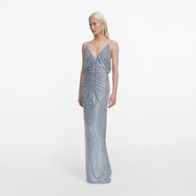Load image into Gallery viewer, Blue Rhinestone Mesh Maxi Dress