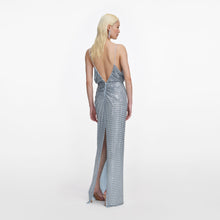 Load image into Gallery viewer, Blue Rhinestone Mesh Maxi Dress