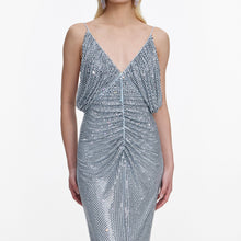 Load image into Gallery viewer, Blue Rhinestone Mesh Maxi Dress